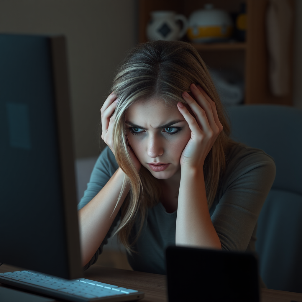 Create a detailed photo realistic scene of a desperate young nice blonde girl sitting in front of a computer. Her posture should reflect frustration, with her hands either on her face or gripping her head. Her surroundings are a typical home or office workspace, with dim lighting adding to the tense and stressful mood. The computer screen could show error messages, glitches, or something causing her distress. The woman's expression should be a mix of anxiety, exhaustion, and very despair and sad and very angry with subtle attention to facial details like furrowed brows or clenched jaws.