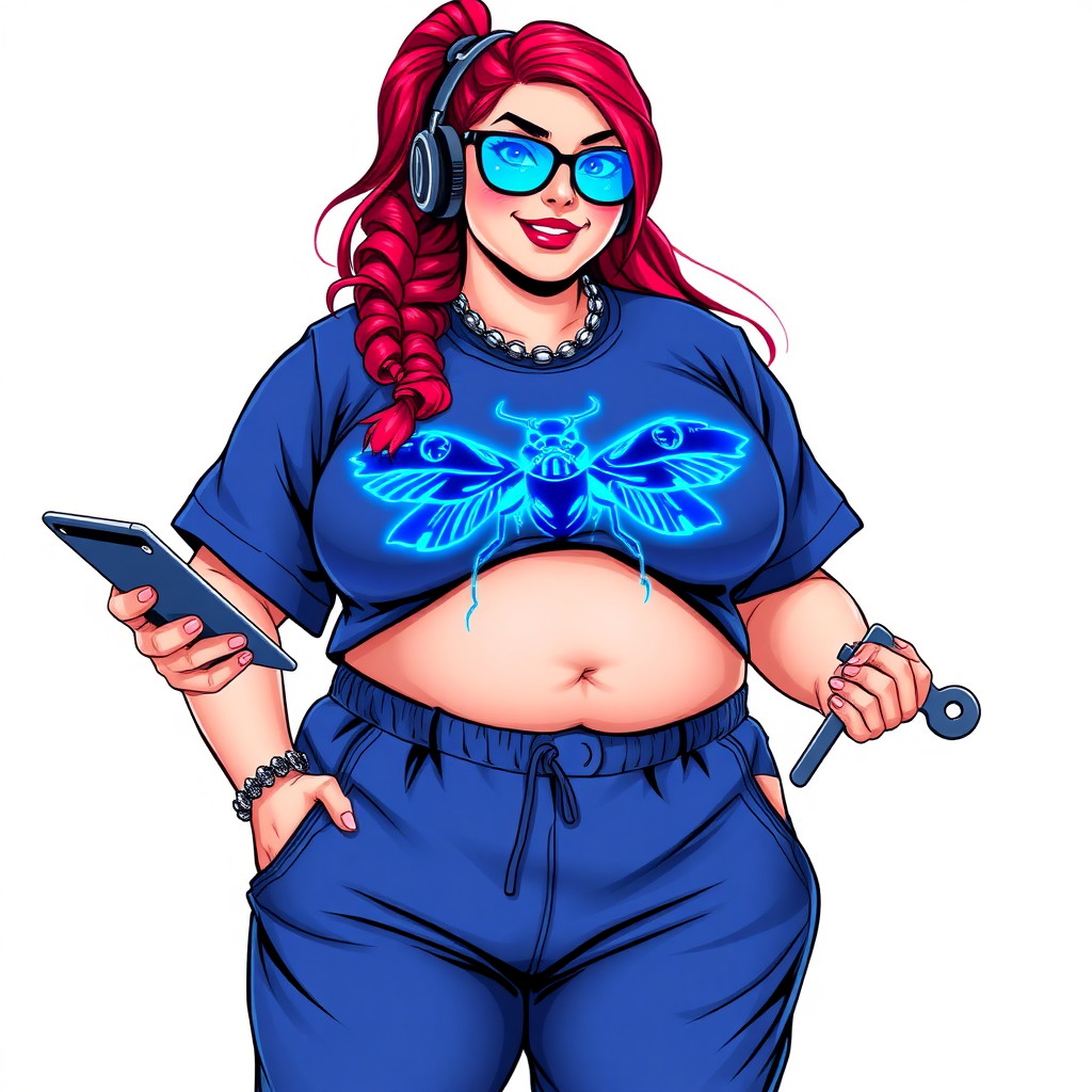 A cyberpunk vigilante’s full-figured intelligent and tech-savvy 29-year-old girlfriend, who is a computer hacker and tech genius. She has a long ruby red ponytail and bright blue eyes. She wears a sapphire beetle gemstone necklace, an oversized Maximum Blue (RGB 71, 171, 204) t-shirt featuring a giant neon blue chest icon of a winged beetle, and matching Maximum Blue sweatpants. She has a full-figured physique with an enormous, well-rounded midsection, reflecting her well-cared-for lifestyle. She sports a sapphire headset with a hi-tech Maximum Blue (RGB 71, 171, 204) lensed HUD visor, Maximum Blue (RGB 71, 171, 204) lipstick, black eyeglasses, and a beaming smile with a passionate bright red blush. Despite her figure and a lack of self-esteem, she radiates an air of beauty. She has an angular face which contributes to her radiant beauty. She serves as his tech expert from his hideout, holding a holographic tablet and a hi-tech tool wrench. The background is solid white. She is drawn as if she was in a retro 2D cyberpunk fighting game. Make sure her outfit covers all her bare skin (especially her enormous midsection).