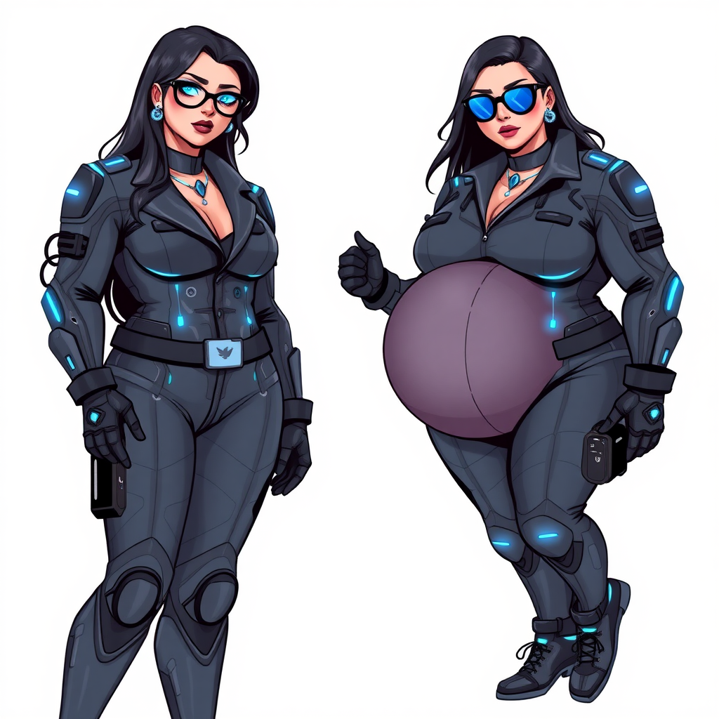 A 29-year-old computer science major, she is the devoted girlfriend of a vigilante and serves as his dotingly pampered, full-figured, nerdy digital sidekick. She is now a Computer Program hybrid, with a unique, metallic Middle Gray (N5) skin color that blends with her suit and hair, appearing to merge together as computer data. Her long hair, suit, and skin are Middle Gray (N5) all blending together to appear to merge as computer data. Her neon blue eyes are mesmerizing. Her full figure, especially her prominent round midsection, shows just how heavily fed and pampered she is, with sequoia-sized limbs and broad shoulders.

As a loyal and supportive sidekick, she plays a crucial role in their missions, using her digital prowess to assist and protect. She wears a blue sapphire scarab necklace and blue sapphire earrings, which she received as symbols of their love before his 5-year disappearance. Her digital and computerized biker suit, also Middle Gray (N5), blends with her skin and hair (appearing to merge together like computer data). She is equipped with high-tech features, including holographic displays and integrated hacking tools. She has matching high-tech gloves. She emits neon blue data cubes from her body, set against a solid white background.

Heavily, attentively, and immensely pampered through being well-fed since their reunion, her full figure clearly shows the extent of care she has received. Despite her digital enhancements, she retains her human vulnerabilities, including hunger and sleep, and is not immune to human weaknesses. She has the ability to hack into computers and machines, and her nerdiness is blatantly obvious with her black oversized eyeglasses. Her full figure, especially her gargantuan midsection, is prominently displayed and heavily emphasized. Her outfit, influenced by DC’s Jennifer Knight Phantom Lady, remains distinct.

Despite her boyfriend’s limited resources, she assists in the war on crime by serving as a minicomputer, traveling in a high-tech wristwatch and supercar’s computer system. Using her hacking abilities, she relays crucial knowledge related to missions. She is drawn as if she was in a retro 2D cyberpunk fighting game.