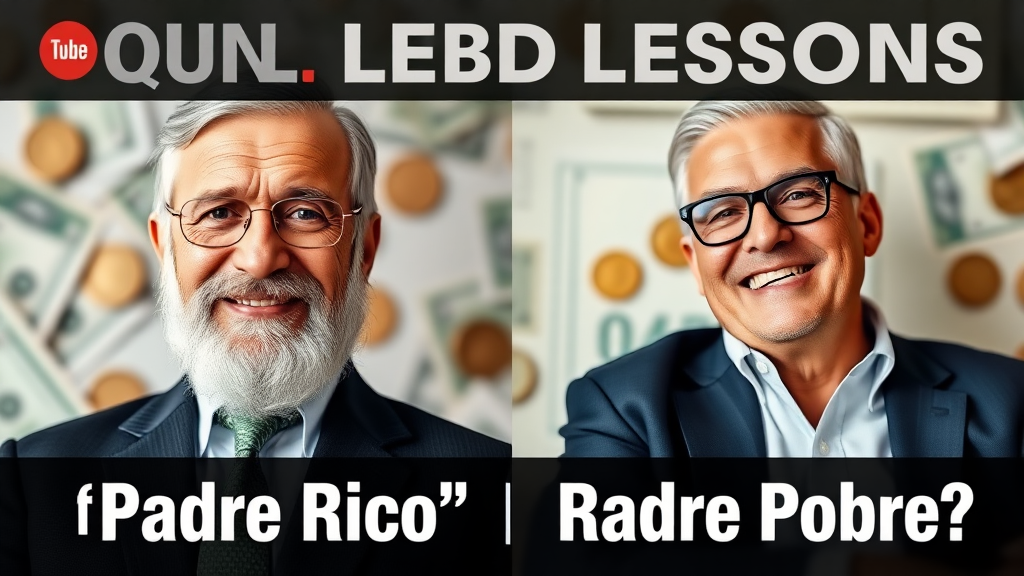 Design a YouTube thumbnail focusing on financial lessons. The thumbnail should show two contrasting images of father figures—one representing traditional views on money (serious, formal), and the other symbolizing wealth-building strategies (relaxed, confident). Use a split-screen style to emphasize the contrast. Include bold, minimal text that says: '¿Padre Rico' 'Padre Pobre?' in large, clear font. The background should include elements related to finance like cash, coins, or graphs, without overwhelming the viewer. The tone should be motivational, engaging, and educational.