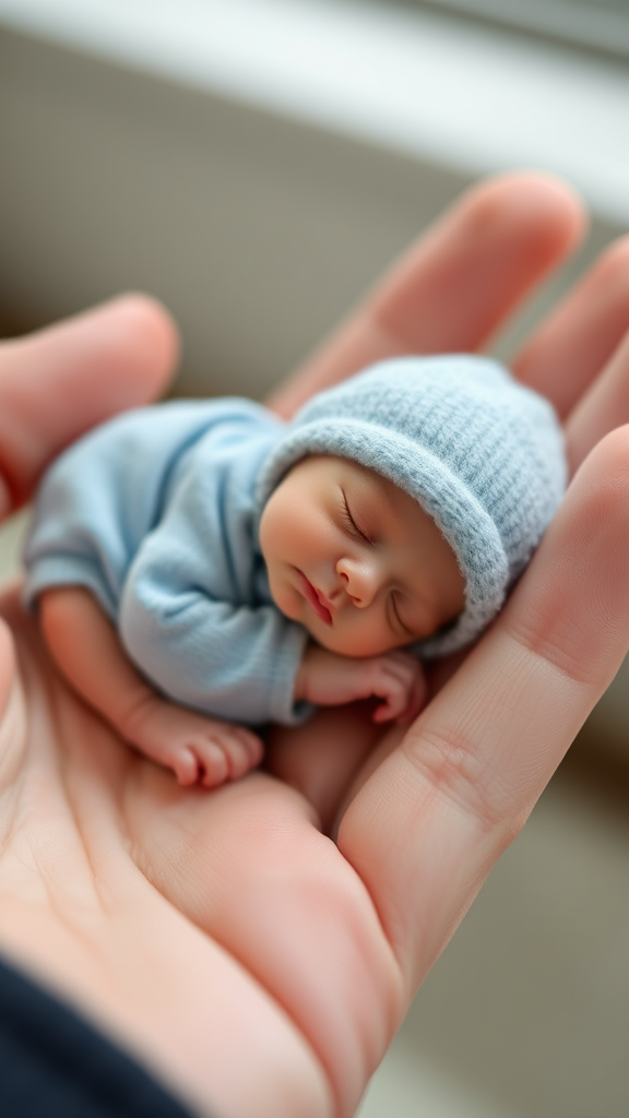 A cute mini little tiny miniature baby sleeping on hand