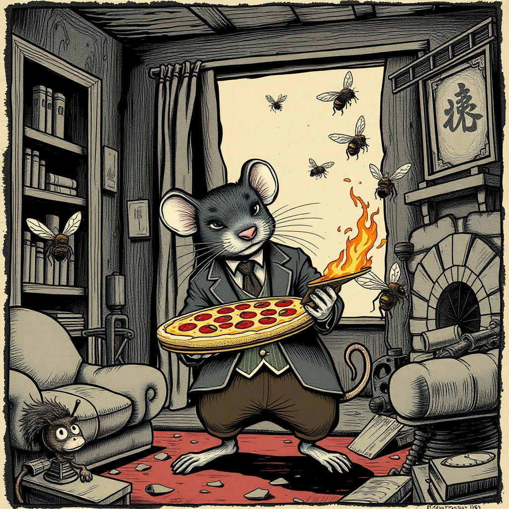 A well dressed handsome rat delivering pizza to angry bees in a decayed apartment, Chinese woodcut