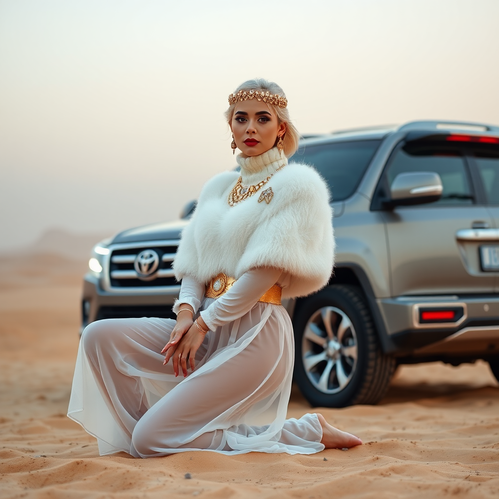 Kuwait desert dunes misty dawn, full size luxury SUV: Melissa, European 17 years old very convincing femboy “trophy-bimbo”, tamed servile docile, very beautiful feminine flawless face, rather short, by hormones very curvaceous womanly figured, platinum blond short tight curls, bold red lips, heavily made-up face, wearing Supertanya-style fluffy very fuzzy bright white angora turtleneck-poncho cropped ending under bust decorated with pearls and gemstones, striking oriental wide gold bridal protection belt, white fully transparent harem pants, full Oriental bridal jewelry with striking headpiece, full Oriental face-jewelry, striking diamond “$$$” letter brooch on left chest, pout frustrated, hands tied behind back, kneeling in sand in front of SUV, looking at camera. Focus on face and turtleneck-poncho. Sitting next embracing Melissa: older overweight mighty sheik laughing.