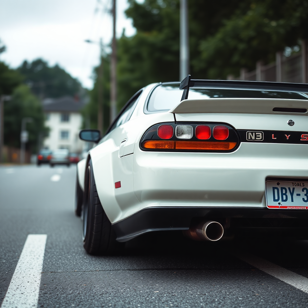 concept tuner nissan silvia s14 the car is parked on the side of the road, inspired by Taiyō Matsumoto, tumblr, restomod, nd4, c4