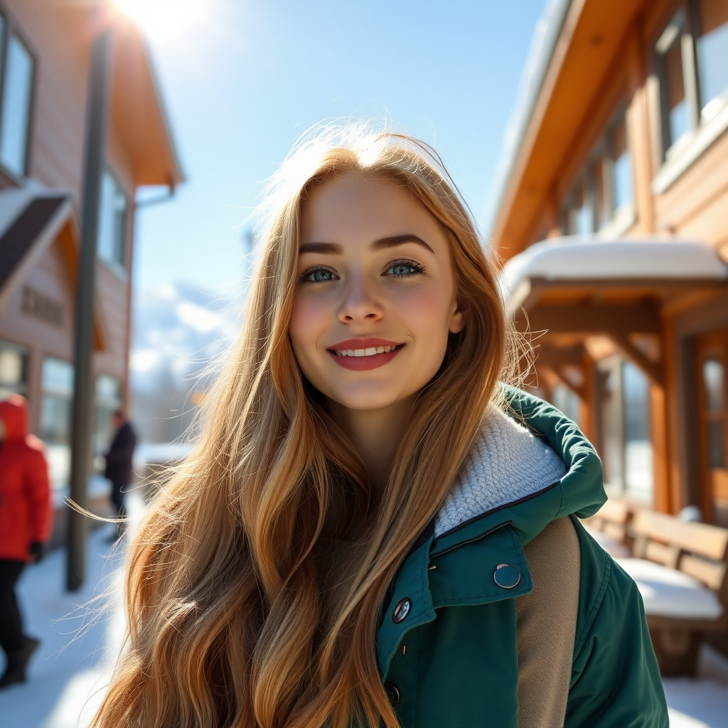 beautiful young woman with lush cherry blonde long hair, full lips, on Alaska Anchorage happy in sunny snow