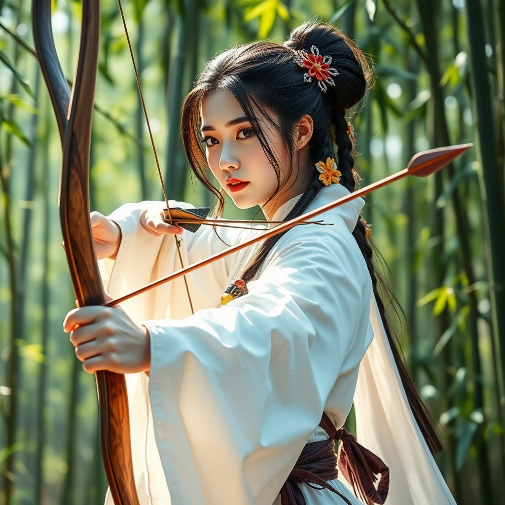 From the perspective of the whole body, a beautiful woman in the Tang Dynasty of China, a chivalrous woman, dressed in white, pulled a bow and arrow in the bamboo forest. Movie poster, game cg. Complete bows and arrows, not incomplete bows and arrows.