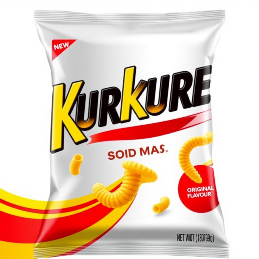 Design a fresh, eye-catching package for Kurkure Solid Masti in the Original flavor. Shift away from the current design by introducing a more modern, clean look. Use bold, contrasting colors like deep red, yellow, and metallic silver to emphasize the crunchy and savory nature of the original flavor. Incorporate abstract waves or sharp lines to give the packaging a dynamic and vibrant feel, symbolizing the burst of taste. The Kurkure logo should remain central and prominent, but add playful visual cues like small illustrations of crunchy, twisted snacks flying out of the pack, hinting at the product's texture. Keep the overall design fun, but refine the aesthetic with a minimalist touch, using clean fonts and strategic splashes of color to evoke the signature savory flavor of the original Kurkure.