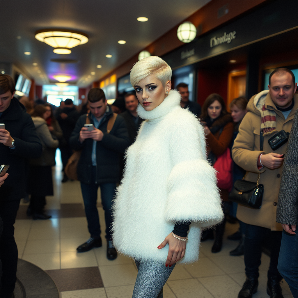 1990 winter evening, crowded cinema lobby: Sam, 19 years old beautiful involuntary femboy, rebellious intractable character, petite boyish figure, platinum blond boyish rebel punk hairstyle, flawless heavily made-up face with sharp arched tattooed eyebrows, wearing Supertanya-style fluffy very fuzzy bright white angora thigh-length turtleneck-poncho fully covering body and arms, silver-glitter leggings, black leather high-heeled pumps, silver earrings, puzzled alarmed, pout serious, impatiently waiting for her master. Other visitors watching laughing taking pictures. Full view of scene.