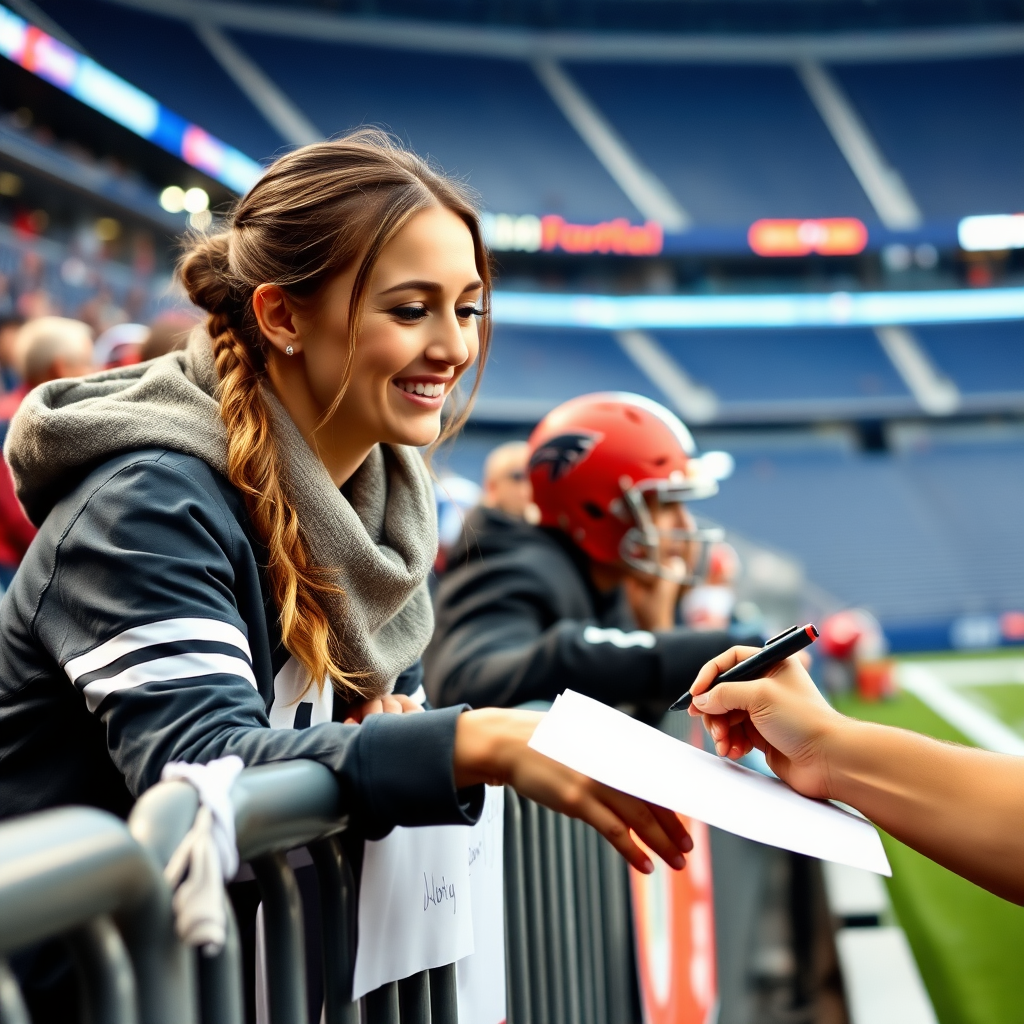 Attractive female NFL fan, pigtail hair, leaning forward over first row stadium barrier, handing out a blank paper to a player, player signs it