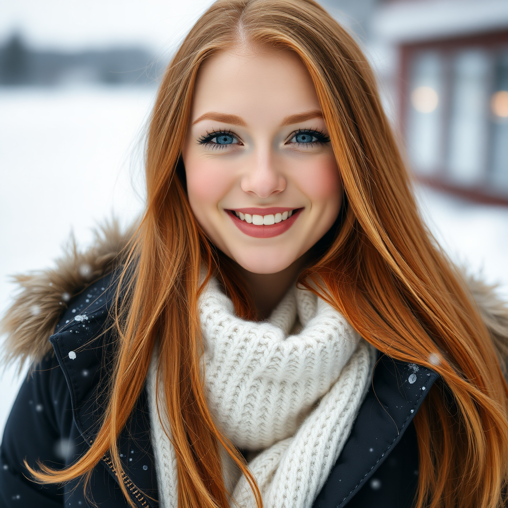 beautiful young elegant woman with ginger long hair, full lips, pale skin, on Alaska Anchorage happy in the snow