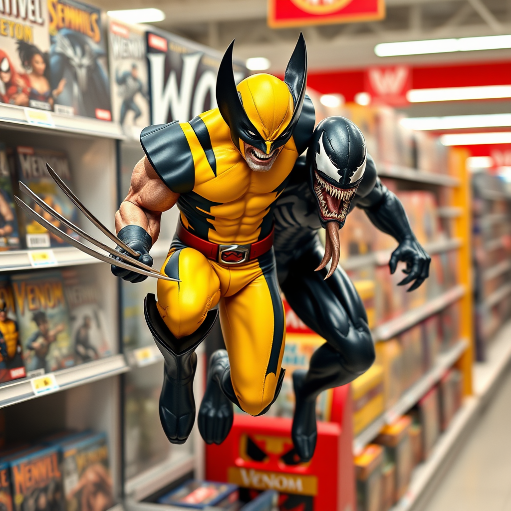 Jumping out of a comic book cover on a store shelf is Wolverine and Venom. Wolverine has his three claws in Venom in cinematic Real3D photo-realistic quality.