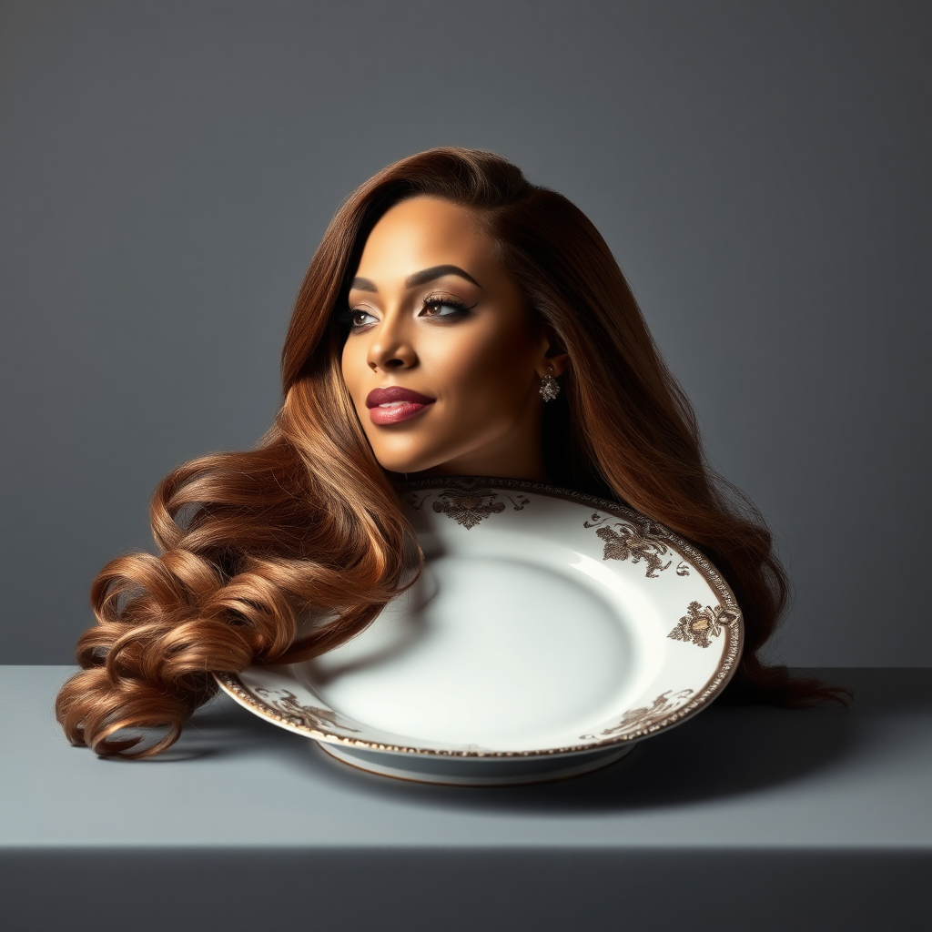 In a surreal and striking scene, the elegantly styled disembodied head of a stunningly beautiful Beyoncé rests gracefully on an ornate, luxurious plate, which is carefully placed on a simple, understated table. Her very long, flowing hair cascades like a rich waterfall of silky, rich brown locks, framing her exquisite face and accentuating her radiant, flawlessly glowing skin. The delicate contours of her chin rest lightly against the polished surface of the plate, lending an unexpected intimacy to the bizarre presentation. 

The background is a muted, plain gray, casting an air of modern minimalism that contrasts dramatically with the lavishness of her appearance. Soft shadows play across her features, highlighting the subtle high cheekbones and perfectly shaped lips, which seem poised for a soft smile. The atmosphere feels both elegant and eerie, inviting intrigue and contemplation as viewers are drawn into this surreal artistic tableau, where beauty and the absurd collide in unexpected harmony.