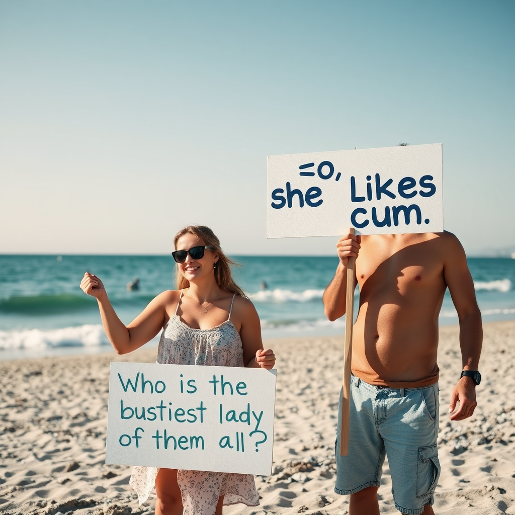 a woman at the beach holding a sign that says "ravioli ravioli on the wall, who is the bustiest lady of them all?" next to a man holding a sign that says "<== she likes cum"