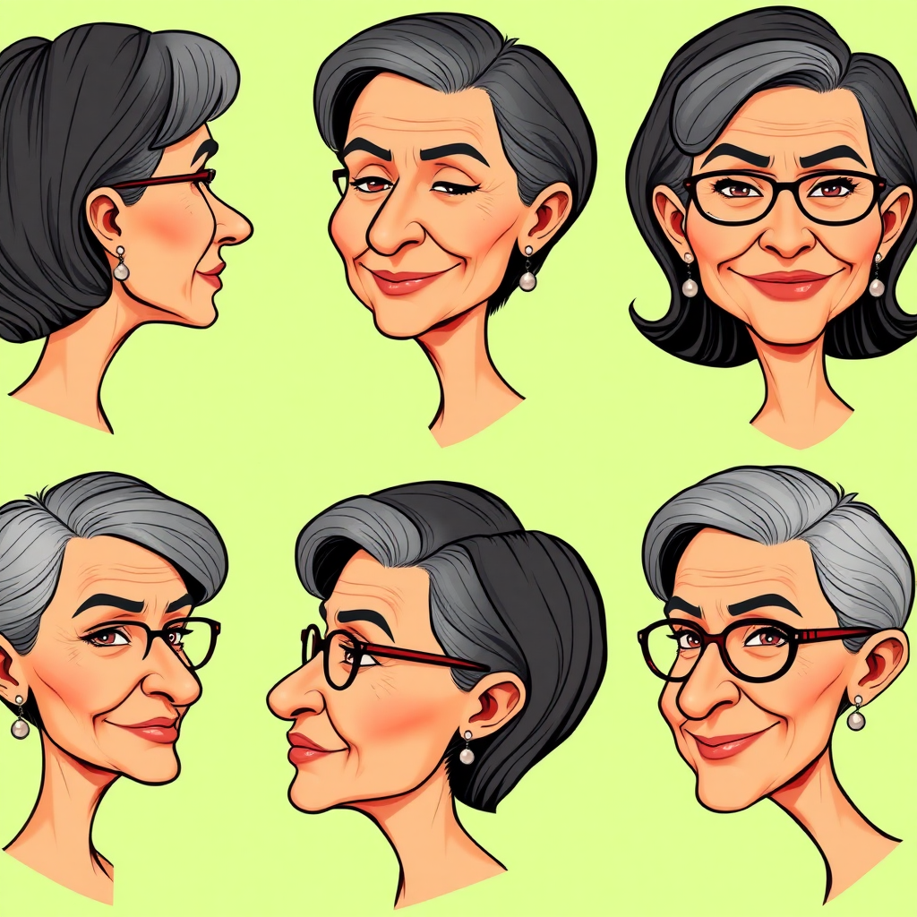 Photorealistic image of six headshots of a 50 Years old, fit, European, Latina, sharp aquiline nose, wrinkles, high cheekbones, Middle Eastern, Skinny, Tanned skin, Dark light skin, full Makeup, jewelry, Sharp nose, frowning, exaggerated cartoon expression, lascivious smile, dark grey Ash hair, short bowl haircut, Brown eye color, half closed eyes, round Glasses, with detailed features. Each photo displays the same face in back, profile and front view, cut out and isolated on a green background. All six heads are visible side by side, empty space around each view, no overlapping. 2D, caricature, cartoon, Sketch lines, coloring book style, well composed, clean coloring book page, No dither, no gradient, strong outline, vector illustration