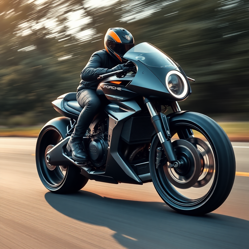 Futuristic custom motorbike, Porsche style, wide tire, bold, with driver, road motion blur