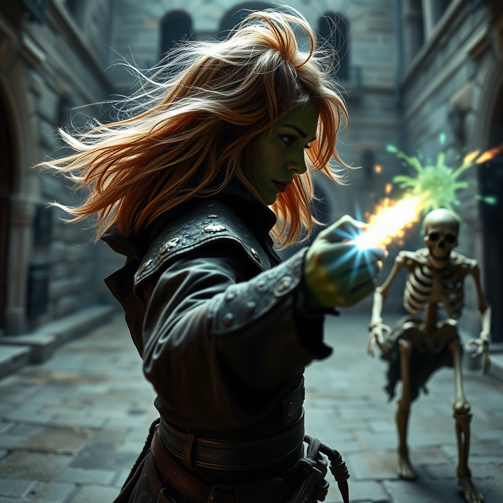 A full body shot of a pretty twenty-something female orc wizard with a face resembling (Ana de Armas). Green skin. Facing towards a skeleton, a skeleton warrior that is running toward her, she casts a magic spell at it, striking it in the head. Strawberry blonde messy shoulder-length hair tussled by wind. Inside a courtyard. Hyper-realistic, photorealistic digital matte painting, soft focus, film grain, lens flare. Gritty, dirty, scuffed.