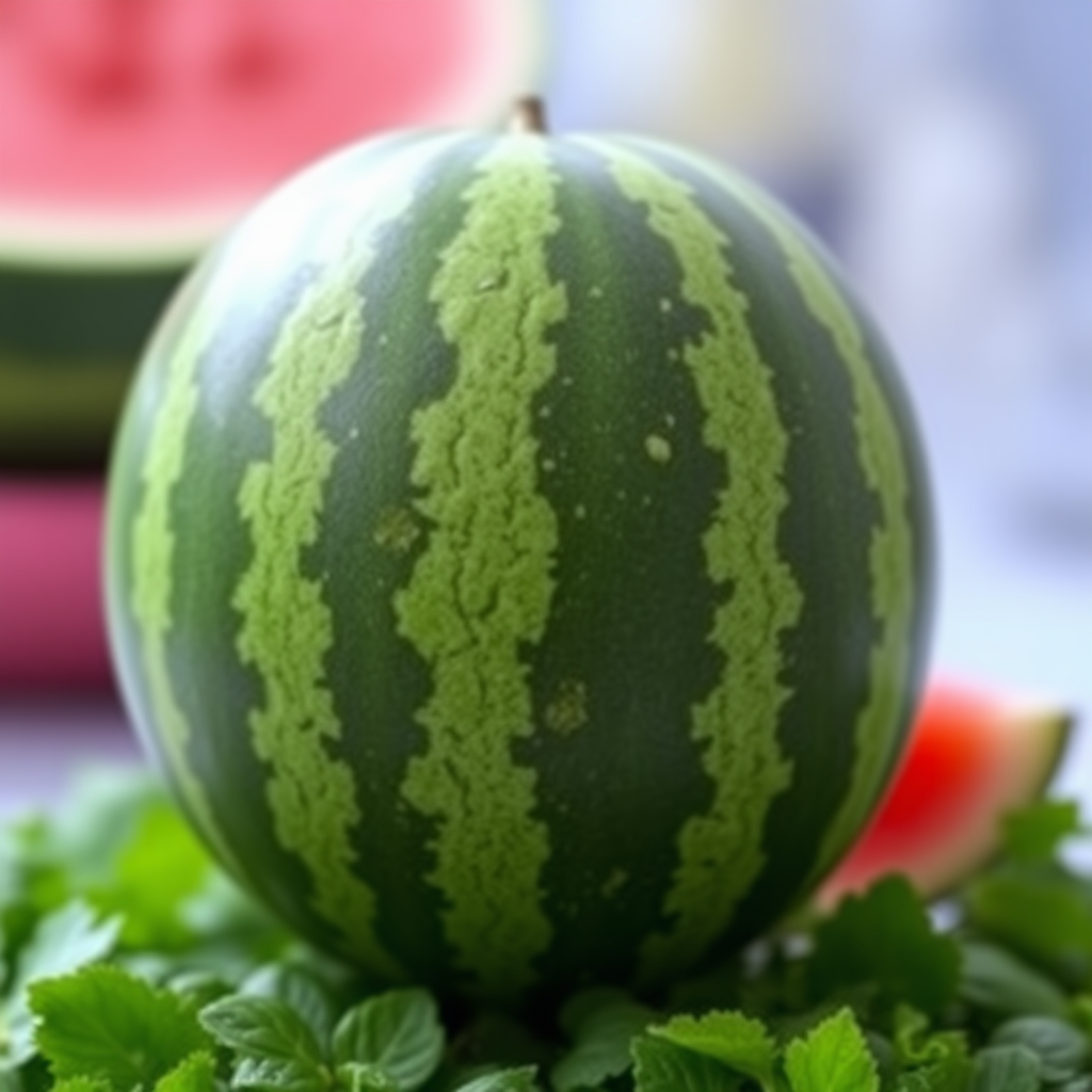 A good-looking watermelon, real photo, blurred background, miniature mode.