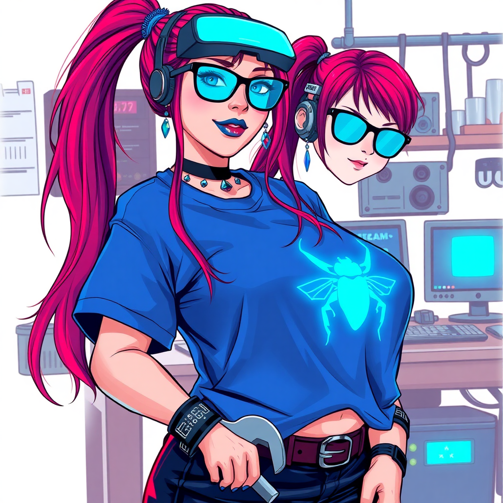 A cyberpunk vigilante’s intelligent and tech-savvy 29-year-old girlfriend, who is a computer hacker and tech genius. She has a long ruby red ponytail streaked with sky blue. She wears maximum blue lipstick, blue eyes, a sapphire beetle gemstone necklace, sapphire earrings, black eyeglasses, a futuristic holographic wristwatch computer, and an oversized maximum blue t-shirt featuring a neon blue glowing beetle chest icon. She has a full-figured, well-rounded physique, reflecting her well-cared-for lifestyle. Her midsection is heavily emphasized. She sports a sapphire headset with a hi-tech maximum turquoise lensed HUD, and a shy smile with a neon red blush. She is holding a futuristic wrench while standing in her workshop in front of her computer desk and work bench. The background is solid white. She is drawn as if she was in a retro 2D cyberpunk fighting game.