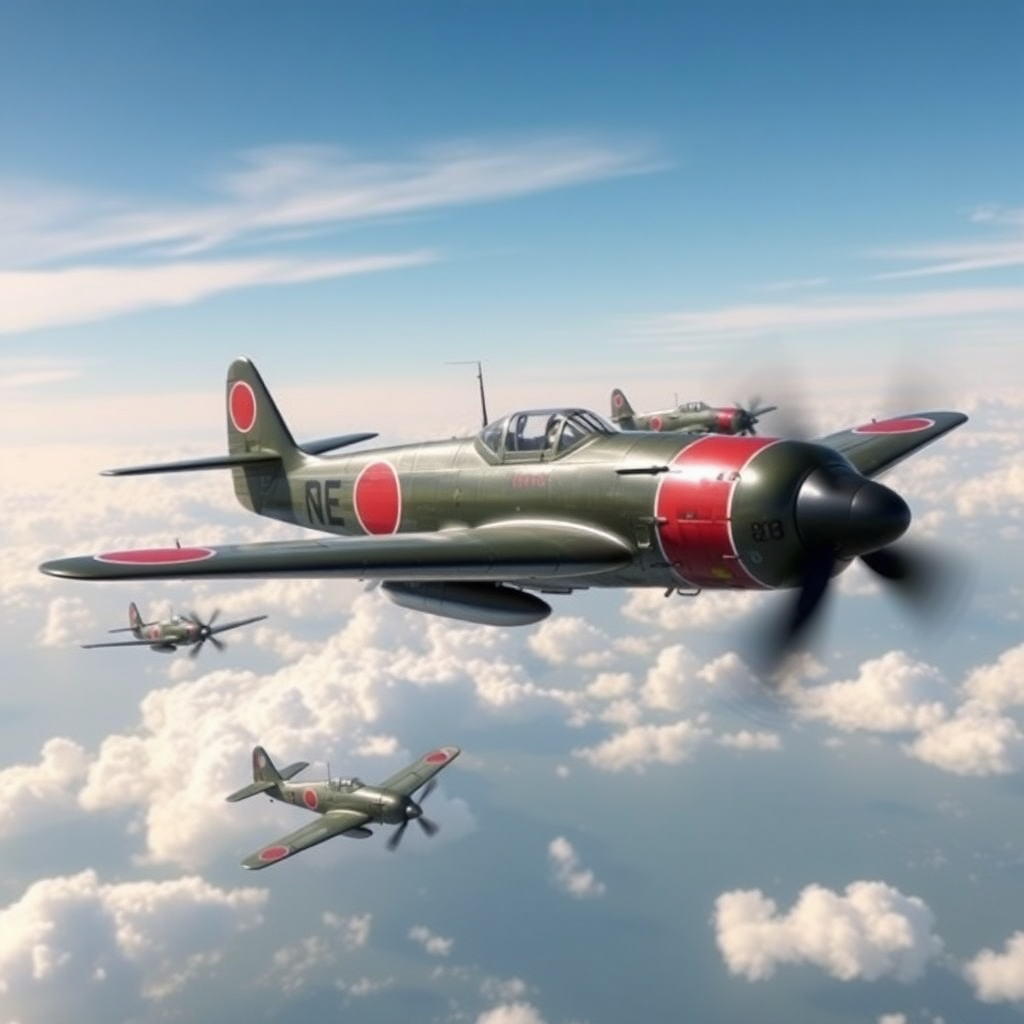 World War II, Japanese Zero fighter jets flew in the sky, super realistic.