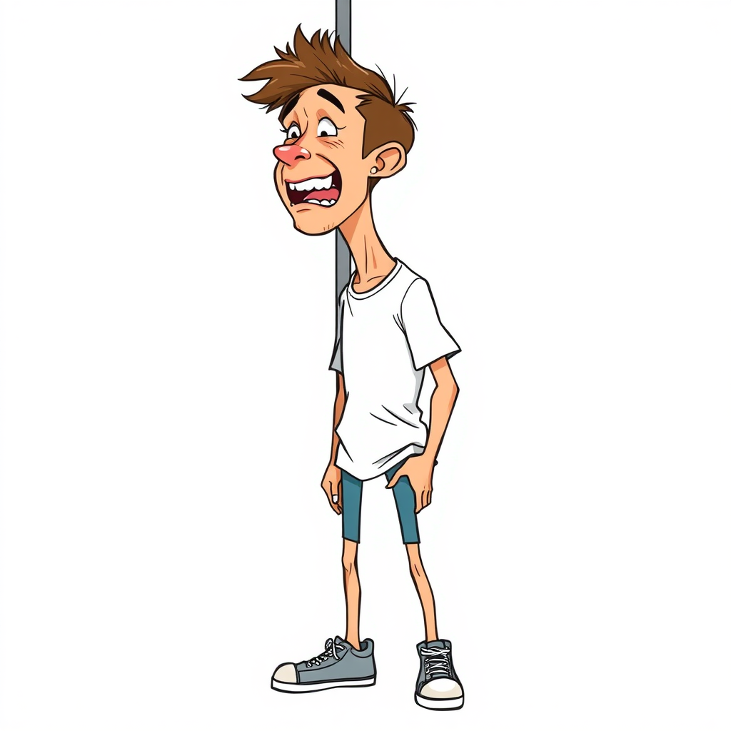 nervous short 20 year old european skinny man, short white t-shirt, standing, stunned, mesmerized, joyful, heavy drooling, heavy sweating, pole climbing, side view, sneakers, detailed feet, 2D, caricature, cartoon, Sketch lines, coloring book, coloring book, colorful image,