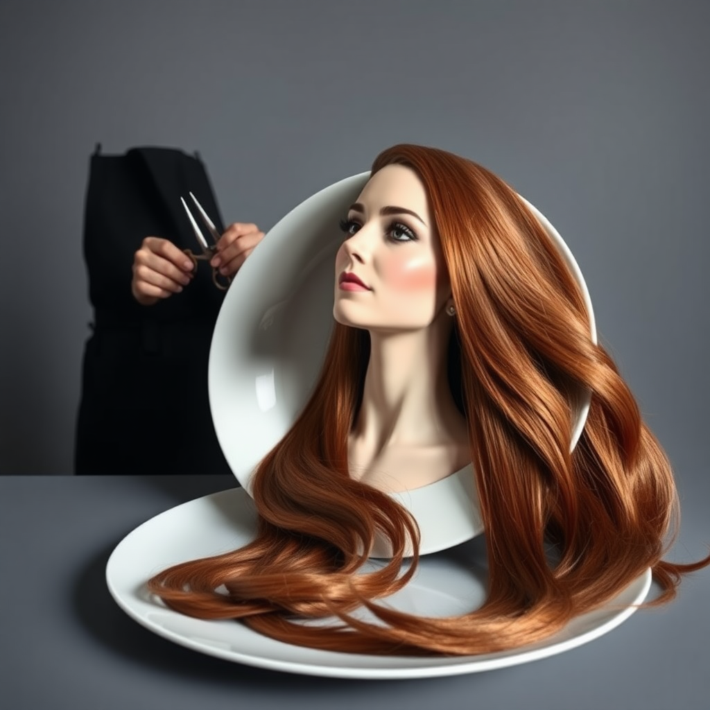 In a strikingly surreal scene, a beautifully crafted porcelain plate holds the disembodied head of a graceful Kate Middleton, her long, flowing hair cascading around like a luxurious waterfall of silky strands, shimmering in various shades of deep chestnut. Each hair seems to catch the light, creating an almost ethereal glow. Nearby, a meticulous hairdresser, dressed in a sleek black apron, carefully snips away at Kate's locks with precision scissors, their actions fluid and deliberate, emphasizing the delicate artistry of the moment.

The setting boasts minimalist decor, with a plain gray background that heightens the focus on this bizarre tableau. Soft shadows play across the smooth surface of the plate, enhancing the haunting beauty of Kate's serene expression, which conveys both elegance and an uncanny sense of stillness. The atmosphere is a blend of surreal calm and unsettling intrigue, pulling the viewer into a dreamlike space where reality and imagination intertwine. Gentle noises of scissors softly clipping away hair are the only sounds in this peculiar yet captivating scenario, heightening the tension and drawing viewers into this striking juxtaposition of beauty and the bizarre.