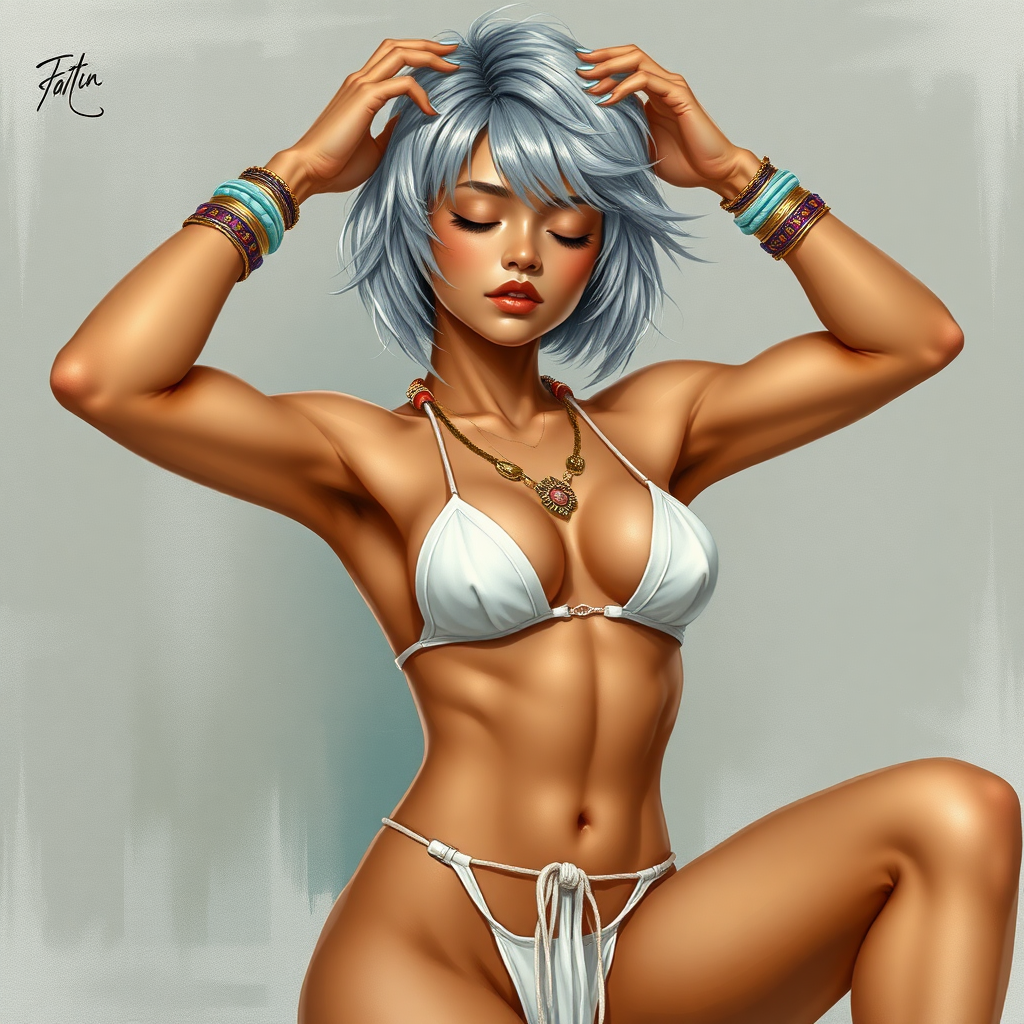 Girl, toned and muscular and has abs. short silvery hair. Her fingers and toenails are painted sky-blue. Her attire consists of a white primitive scant revealing two-piece bikini-like outfit with pale red, sky-blue, gold and purple bands on her neck, arms, wrists, shins, and ankles. Tan skin. Asian face. Tilted Sexy exaggerated pose. Hands on head, exposing armpits. fantasy painting high contrast, well-drawn, highly detailed, and beautiful rendering. Eyes closed