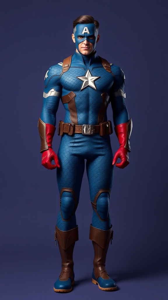 Create a full-length image of Steve Rogers with the feminine body traits of Snow White, excluding the head. Maintain and adjust his iconic blue, scale-patterned suit and red gloves to fit the new proportions. Depict a muscular yet graceful physique, with broad shoulders tapering to a narrow waist, and toned arms and legs. Ensure the character's hips and chest are curved to reflect Snow White's silhouette, while preserving the athletic build of Captain America.