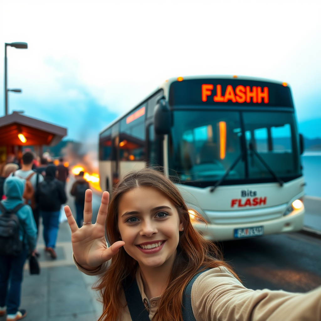 Selfie of a girl at a crowded bus stop near a lake, approving burning bus labelled "FLASH" leaving burning traces in the background.