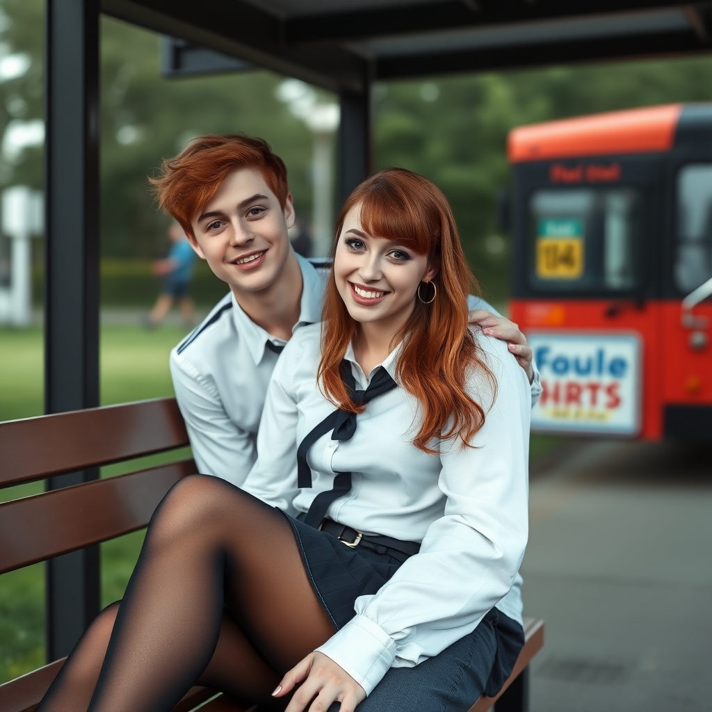 photorealistic, ultra high resolution, 16K, surreal fantasy, soft studio lighting, a pretty 18 year old goth male, slim male physique, auburn hair, goth makeup, earrings, shiny black pantyhose, UK girls-school uniform, Mary-Jane shoes, sitting on his boyfriends lap on a bench waiting for the school bus, in daylight, excited smile, facing the camera.