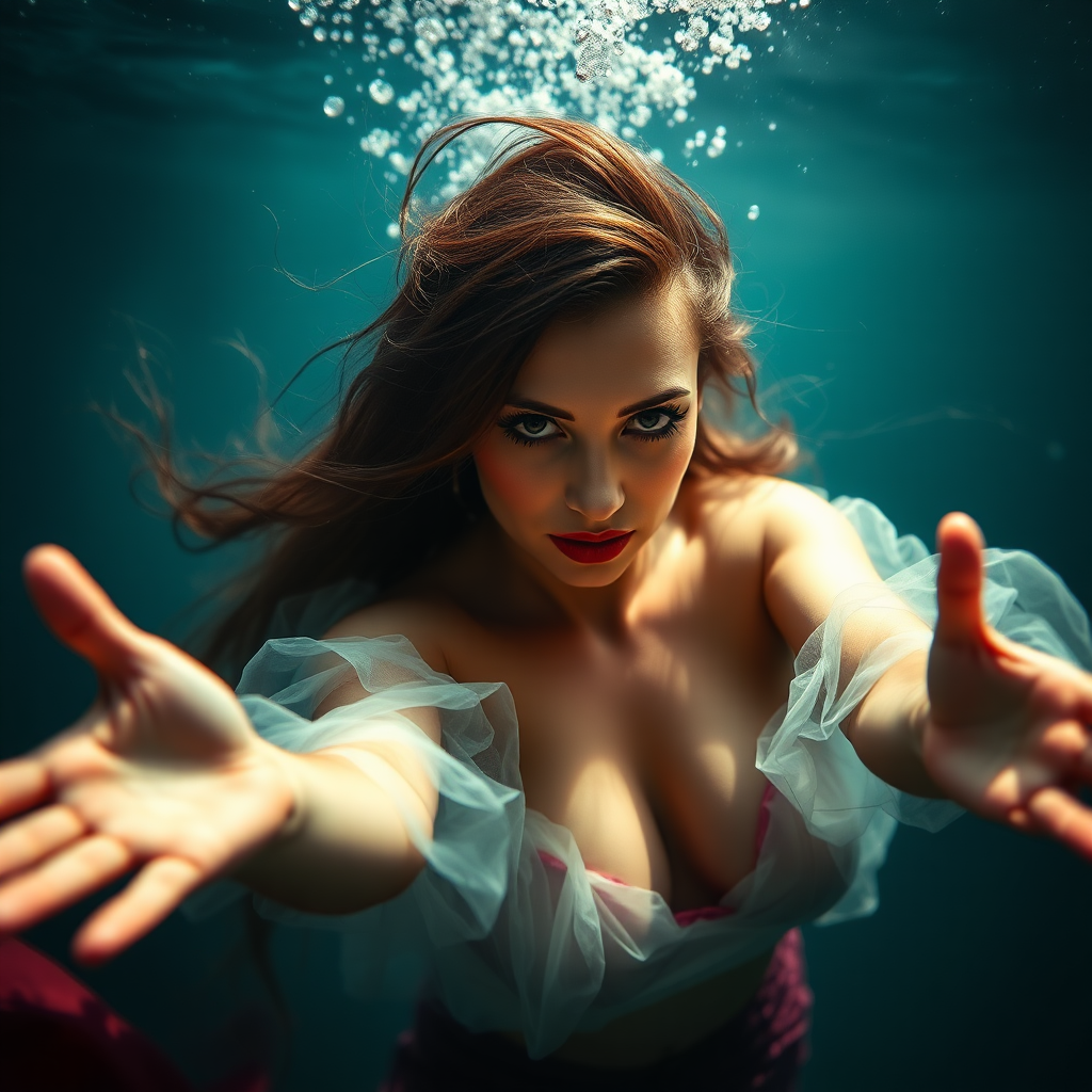 Burlesque Dancer as a mermaid underwater loose hair floating in a nimbus around her beautiful face her arms outstretched towards the viewer and she's looking down into the viewer's eyes making intense eye contact. loose fitting diaphanous. Real DSLR HD Photography. Burlesque