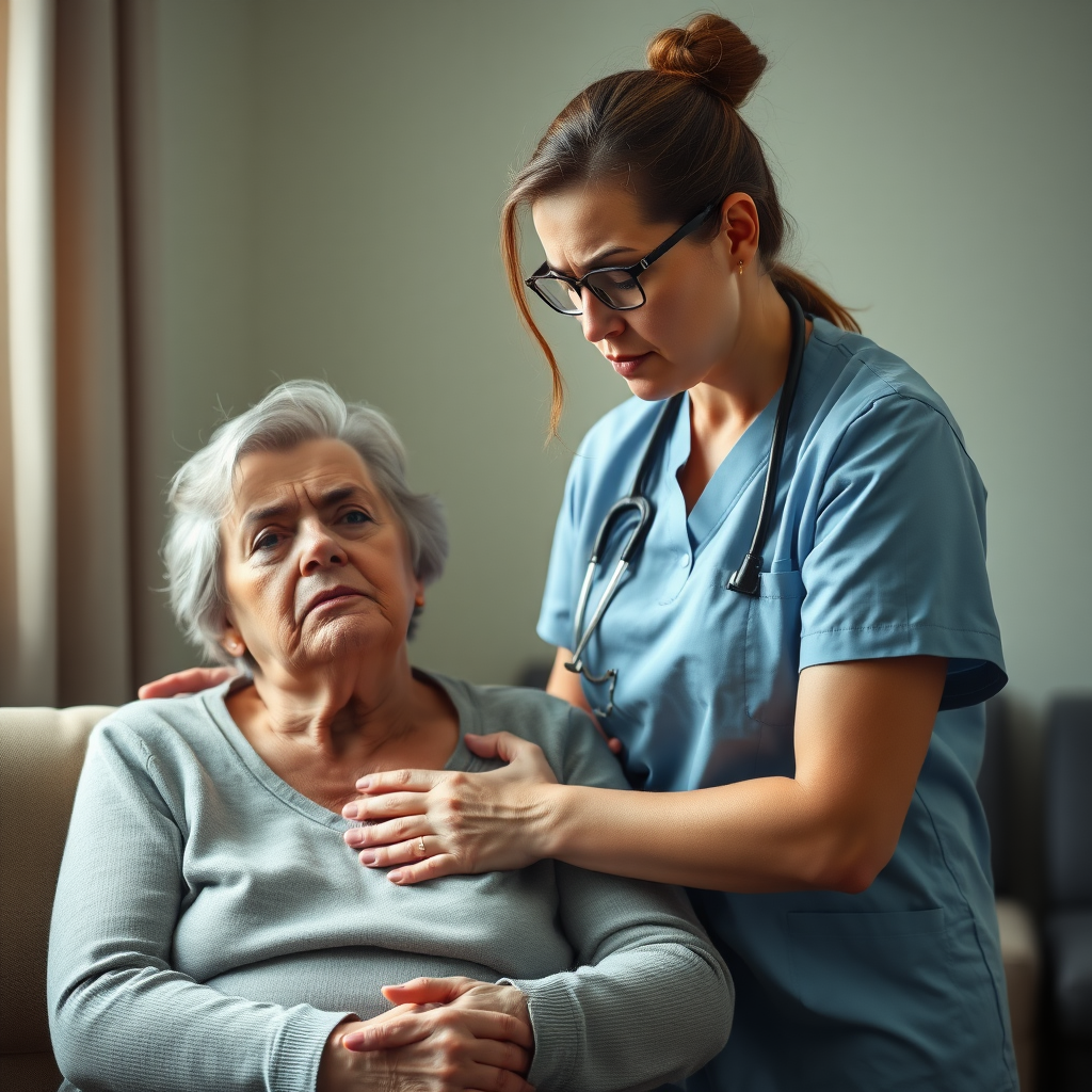 Create an image of a caregiver supporting a person with cancer, showing the caregiver with a frustrated and anxious expression, yet trying to hide these emotions from the patient. The scene should convey a sense of emotional tension, with the caregiver standing or sitting beside the patient, maintaining a gentle or neutral outward demeanor. The patient should appear calm or unaware, while the caregiver’s inner struggle is subtly highlighted through their body language and facial expression. The setting can be a quiet room, suggesting a moment of care and support.