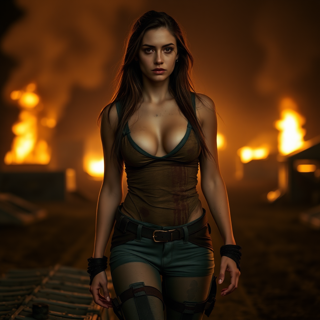 a young woman walking with a determined look. wearing a dirty top showing her cleavage. she is wearing boots. her body has stains and stripes of grime. her face has stains of grime. long hair. a burning military base around. night. only light of fire. photo