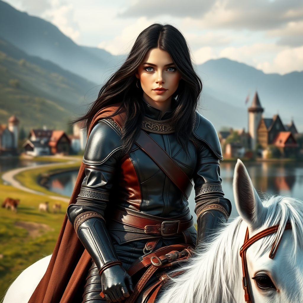 beautiful young woman, dark hair, past her shoulders, blue eyes, small, slim figure, wearing full leather armor suit, long cloak, on a white horse with a large open scenery and beautiful medieval village on a lake.