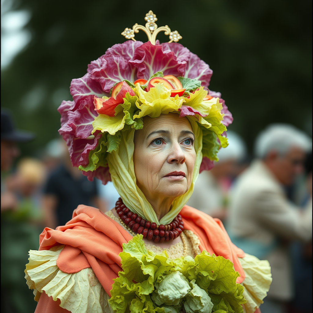 what's your salad headdress made of of? Romaine empire goddess of plebs. Swindler of distress, master of deception. captured on Nikon D40, digitally enhanced color correction, bifocally improved II inspiro Vivian Maier