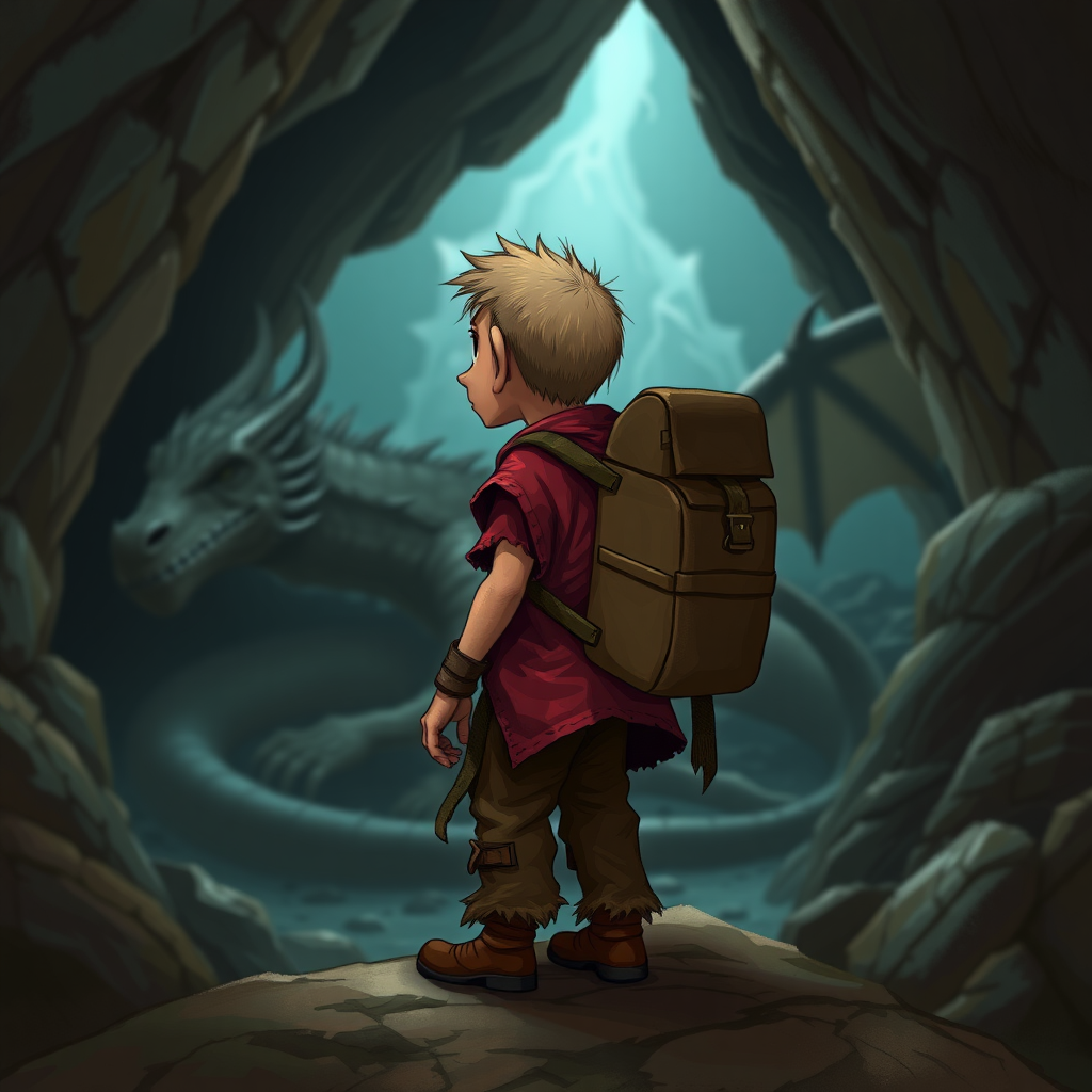 A dungeons and dragons style small, skinny, light brown, kobald monster in a tattered red tunic and dirty brown pants wearing a backpack on his back who is looking at a large sleeping dragon in a cave