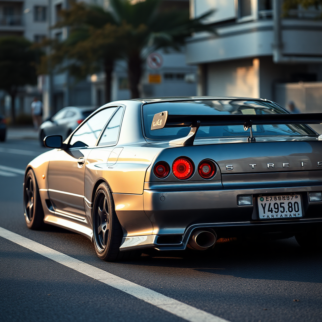 the car is parked on the side of the road, inspired by Taiyō Matsumoto, tumblr, restomod, nd4, c4 metallic shine gray black nissan skyline r34 kalabalik tokyo gece arkaplan