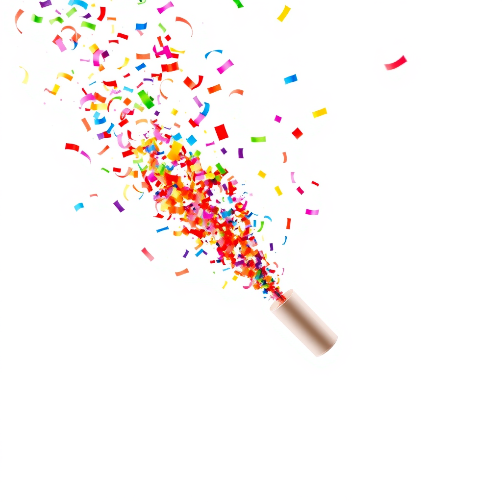 small colorful confetti popper tube shooting big confetti into the air, at an angle, white background, realistic, beautiful, no distortions