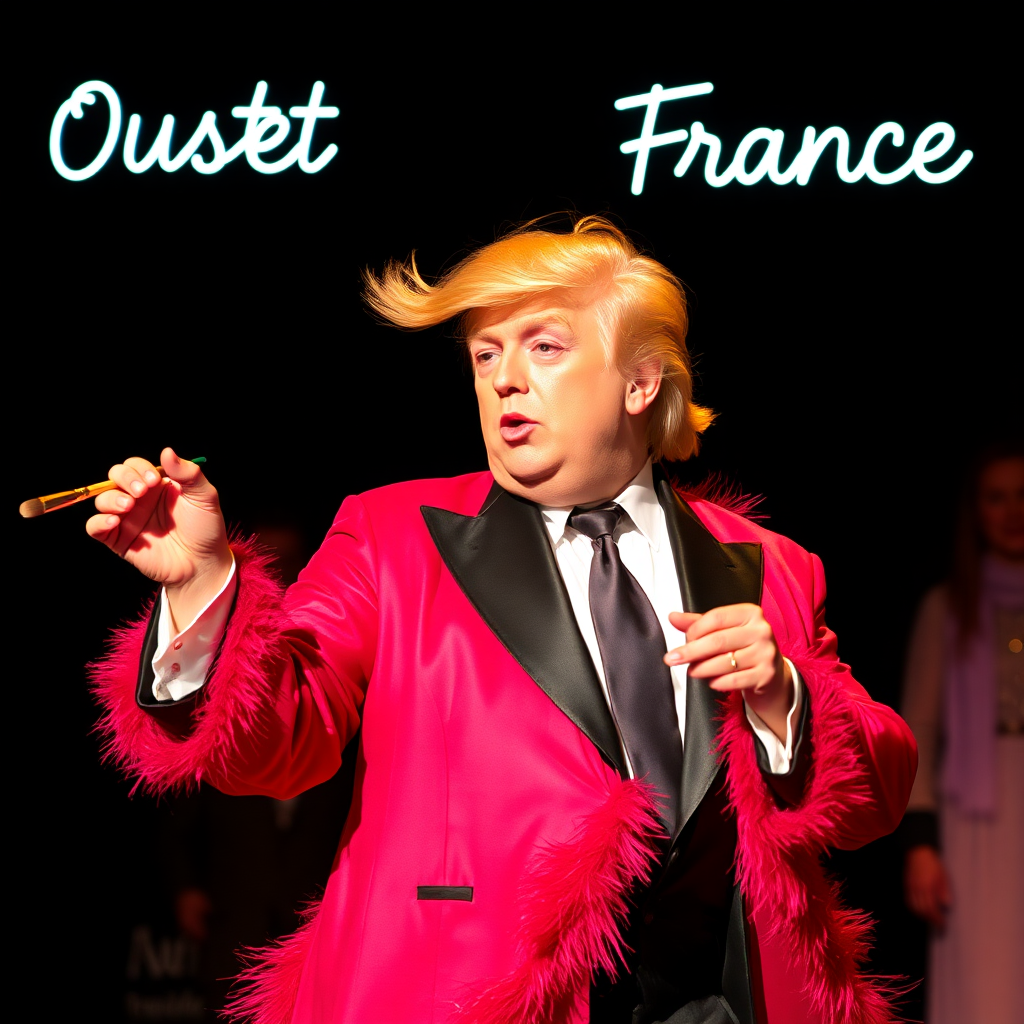 Donald Trump as a Drag Queen with brushing, eyeliner, pinky gloss and a flashy robe is dancing on a scene. A text in neon letters is written above the scene. 'Ouest' on the upper left side and 'France' on the upper right side.