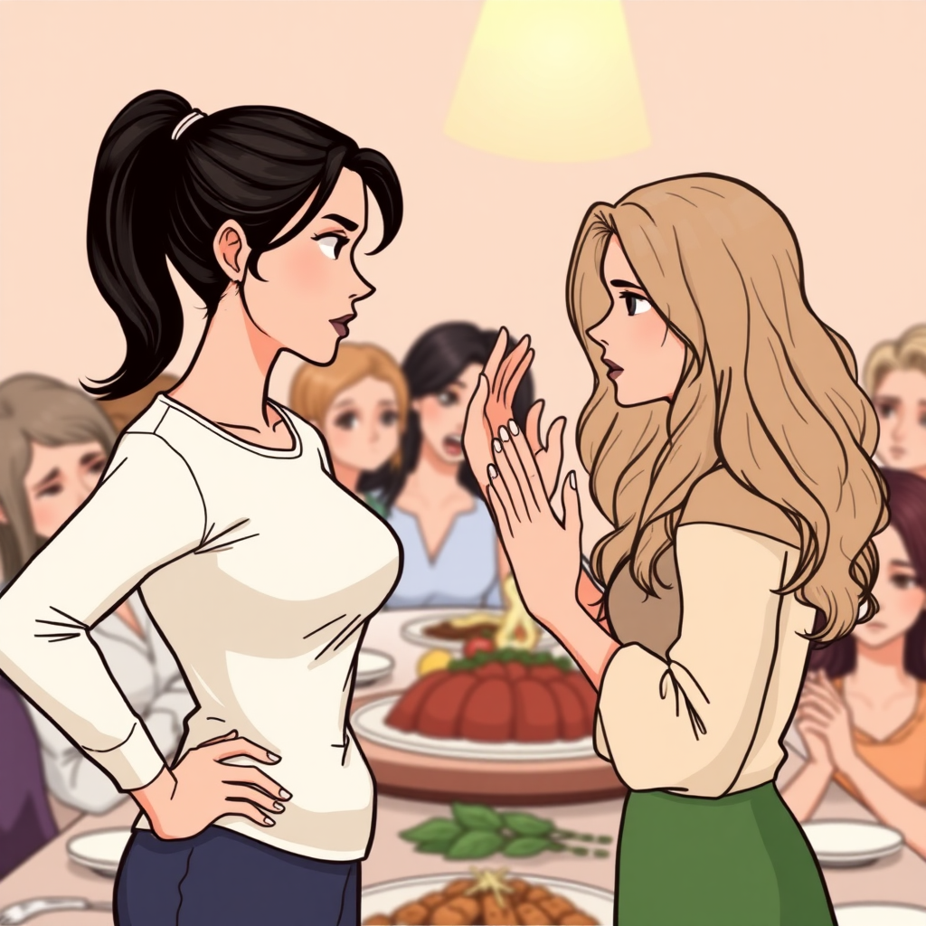 An illustration of two women in a subtle confrontation. One woman has clean ponytail and dark hair and is standing with one hand on her hip and the other hand pushing against the other woman's face. She looks stern and confident. She is standing her ground. The other woman has long, wavy, light-colored hair and is standing with her hands raised, looking frustrated or manipulative. The background is in a family dinner surrounded by unhappy family members.