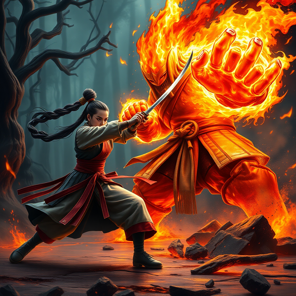 An action-packed scene featuring Itami Cho and the warrior Flaming Fist engaged in a fierce battle. Itami Cho, a young girl in traditional Japanese armor, wields a katana with precision and grace. Her determined expression shows her focus as she clashes with Flaming Fist, a massive warrior engulfed in flames, his fists blazing with fire. The backdrop is a mystical forest, with twisted trees and eerie mist swirling around them. The ground beneath their feet cracks and burns from the intense heat of Flaming Fist’s power, while Itami Cho skillfully defends and attacks with lightning speed. The atmosphere is intense and dramatic, with glowing embers and ash filling the air, capturing the raw power and tension of the fight.