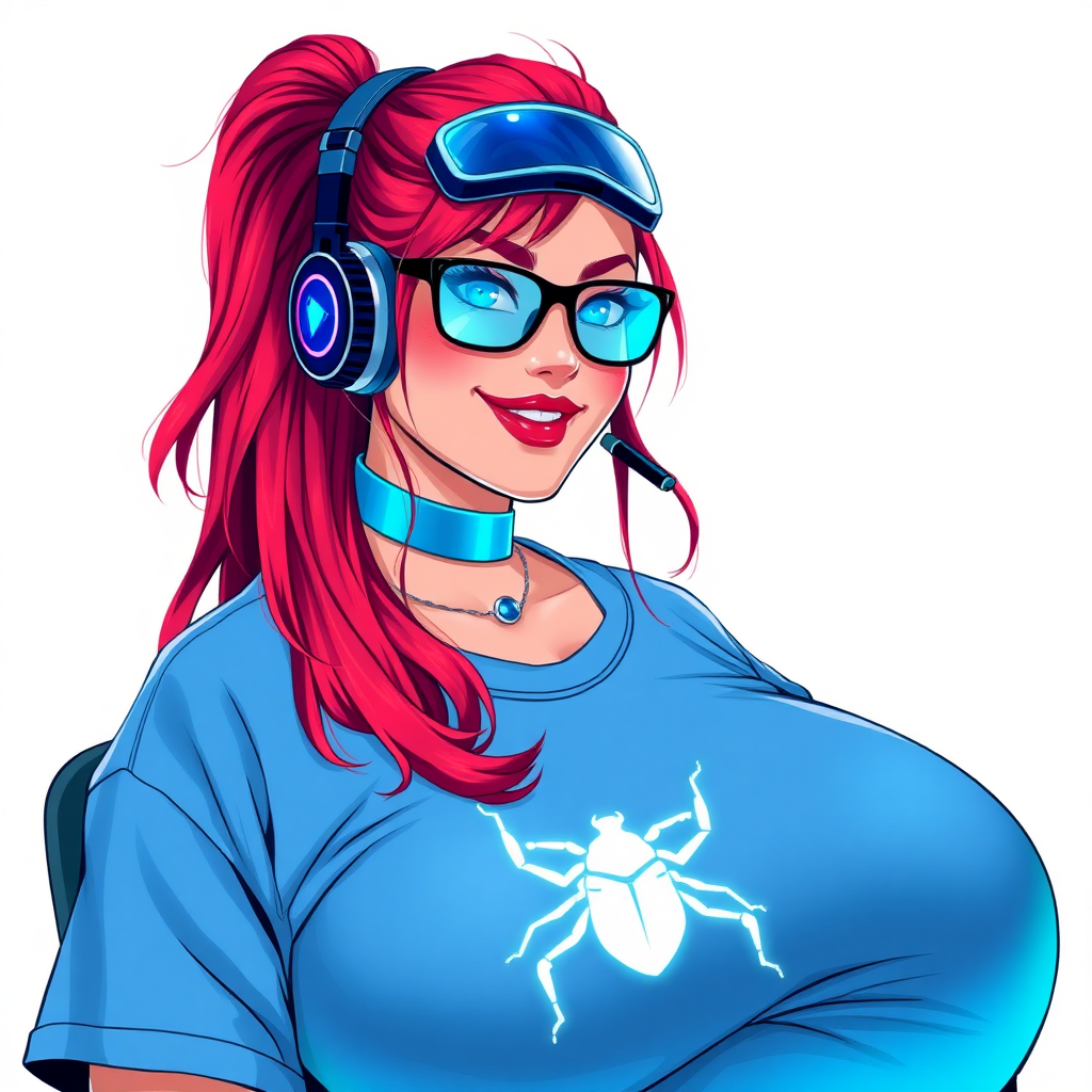 A cyberpunk vigilante’s full-figured intelligent and tech-savvy 29-year-old girlfriend, who is a computer hacker and tech genius. She has a long ruby red ponytail and bright blue eyes. She wears a sapphire beetle gemstone necklace, and an oversized maximum blue t-shirt featuring a neon blue glowing icon of a beetle on its chest. She has a full-figured physique with a prominent, gargantuan, round midsection, reflecting her well-cared-for lifestyle. She sports a sapphire headset with hi-tech maximum turquoise lensed HUD visor, black eyeglasses, and a beaming smile with a passionate bright red blush. Despite her figure and a lack of self-esteem, she radiates beauty. She has a slim face which contributes to her radiant beauty. She serves as his tech expert from his hideout, diligently working at her lab table and computer desk. The background is solid white. She is drawn as if she was in a retro 2D cyberpunk fighting game.