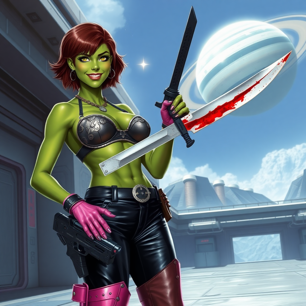 Tall, beautiful green skinned woman. Her brown hair is in a shag-cut style. Her eyes are gold. She is dressed in an ornate metal bra. She is wearing black leather pants, with pink knee high boots. She is holding a large, bloody dagger in a threatening manner. She is smiling. A sci-fi looking gun is holstered at her hip. She is at a sci-fi space-port. A spaceship is seen in the sky, a ringed planet behind it.