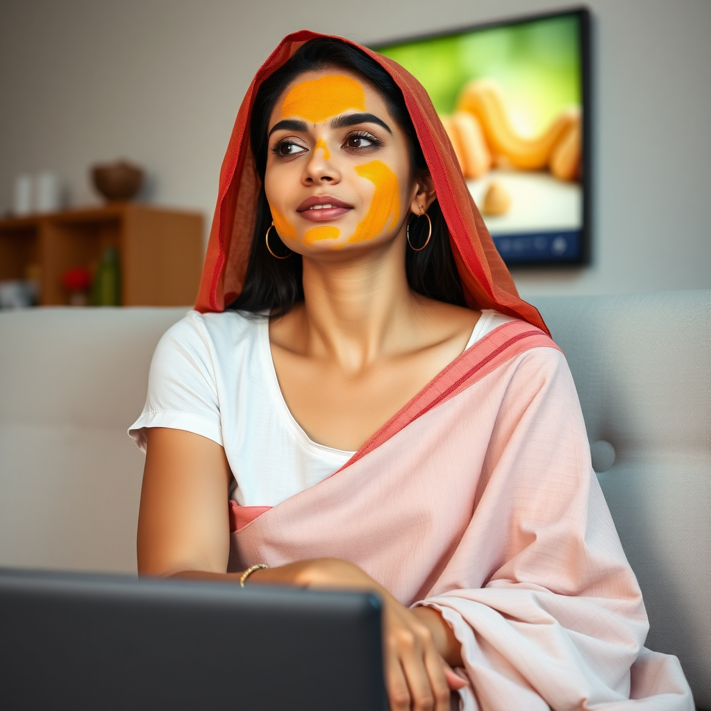 slim, 30 year old, modern indian wife with hair covering, turmeric paste on her face. she is sitting on a sofa and watching TV