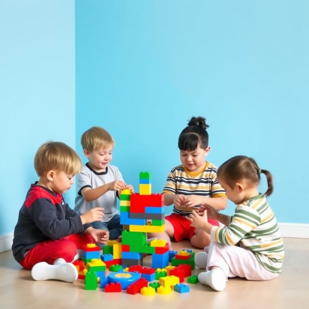 A group of 5 different children who are short in height, long in height, fat, black, fair playing toy building blocks age 10 and room in which they are playing should have blue color walls.