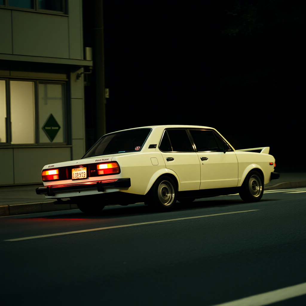 the car is parked on the side of the road, inspired by Taiyō Matsumoto, tumblr, restomod, nd4, c4 a white car is driving down the street, a picture, unsplash, shin hanga, 70's, looking regal and classic, fuji lut, poorly lit, mazoku, devils, lada, lowres, iso 500, backlighted, foam, vehicle photography, frank fanzzeta, 1 2 k, japanese, single light, basic, italian masterpiece