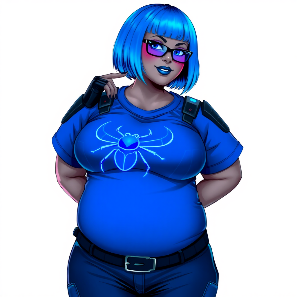 A 28-year-old, full-figured, metallic middle gray skinned computer program hybrid with a vibrant maximum blue bob cut. She has a non-athletic build, highlighted by a prominent, round, large midsection (fully emphasizing her round large belly) while being covered by her large t-shirt, reflecting her new junk food eating habits influenced by her boyfriend. As the full-figured, nerdy, digital sidekick to her cyberpunk vigilante boyfriend, her middle gray metallic skin and maximum blue lipstick underscore her digital essence. She dons a digital, computerized outfit: a large, tight-fitting, high-tech, maximum blue t-shirt with neon blue glowing beetle themed accents complete by a giant neon blue glowing beetle icon on the chest, hi-tech shoulder pads with neon blue accents, a black hi-tech belt with a digital sapphire beetle buckle, digital maximum blue pants with neon blue accents, and black hi-tech gloves with neon blue glowing accents. Her neon blue glowing eyes, black eyeglasses with neon blue glowing lenses equipped with a built-in HUD, and shy smile with neon red blush highlight her nerdiness. She stands bashfully with one hand behind her back and the other gently touching her cheek, her outfit covering all her bare skin and fully emphasizing her full-figured physique (especially her large belly). She is clearly non-athletic, with a heavy focus on her full-figured physique (with full emphasis on her large belly). Despite her build, she radiates beauty. Her slim face contrasts with her physique, accentuating her radiant beauty. She is set against a solid white background. She is drawn as if she were in a retro 2D cyberpunk fighting game.