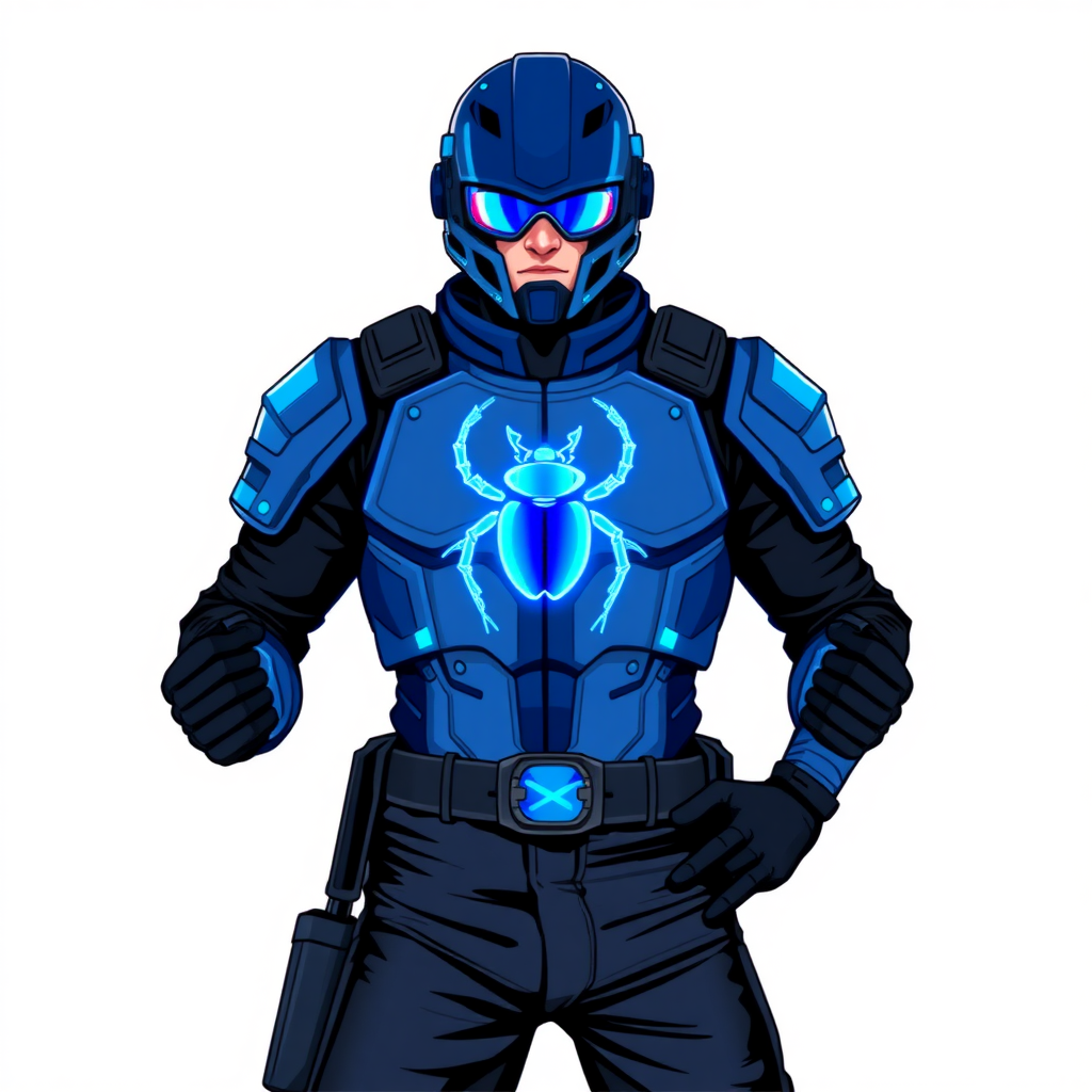 A 28-year-old cyberpunk vigilante stands heroically, clad in hi-tech, maximum blue tactical armor featuring a neon blue beetle on the chest. He wears black biker pants, a black belt with a sapphire beetle buckle, and a helmet resembling a sleek, tactical design, but colored maximum blue with neon blue lenses. Their hands are protected by black hi-tech gloves, all set against a solid white background. He is drawn as if he was in a retro 2D cyberpunk fighting game.