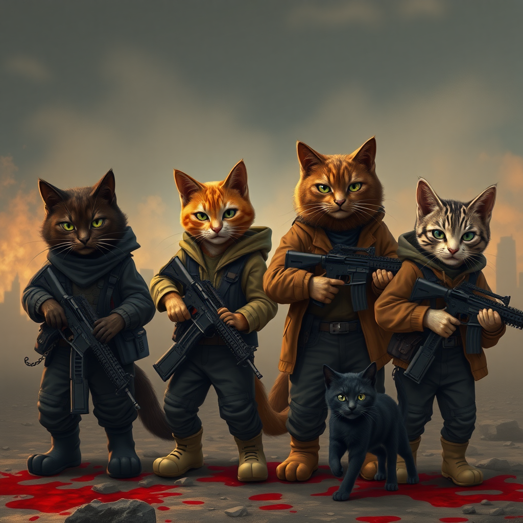 4 cats, 1 dark brown cat, 1 orange cat, 1 brown cat, 1 little black cat, they are all badass with gang clothes armed on a battlefield with blood.