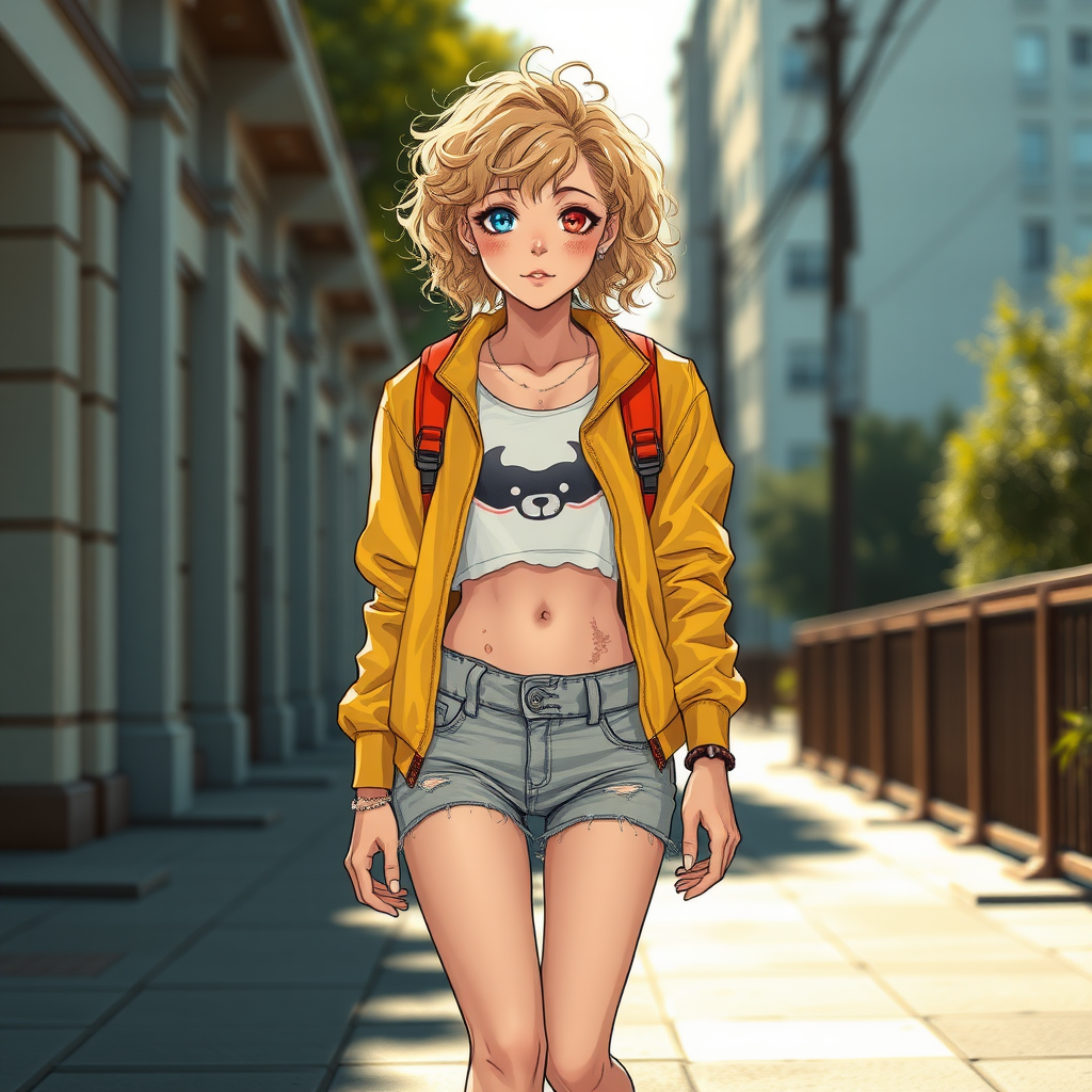 Ultra Realistic taken photo style image, Extremely good quality 8k resolution drawn manga image of a 15 year old petite and short tomboy girl with golden blonde curly hair with mixed and different colored eyes for each eye and moles on her entire body and is a white American girl, Has on a Gold Jacket over a white extremely short crop top only covering her breasts and nothing more with a design on it, and has on ripped shorts and cool looking sneakers with a deep and big injury scar on her stomach with a bright color backpack, ear piercings on, walking on the street to school in the morning with the beautiful sunlight lighting up her body beautifully.