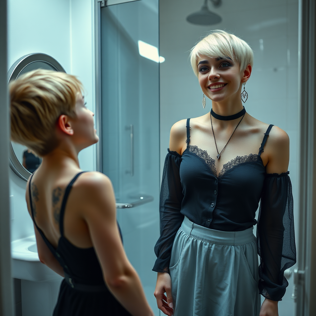 photorealistic, ultra high resolution, 16K, surreal fantasy, studio lighting, a 35 year old mother who is fully dressed for work is watching her pretty 14 year old goth son, slim male physique, short blonde hair, goth makeup, earrings, pantyhose, white ballet shoes, in the bathroom, excited smile, facing the camera.